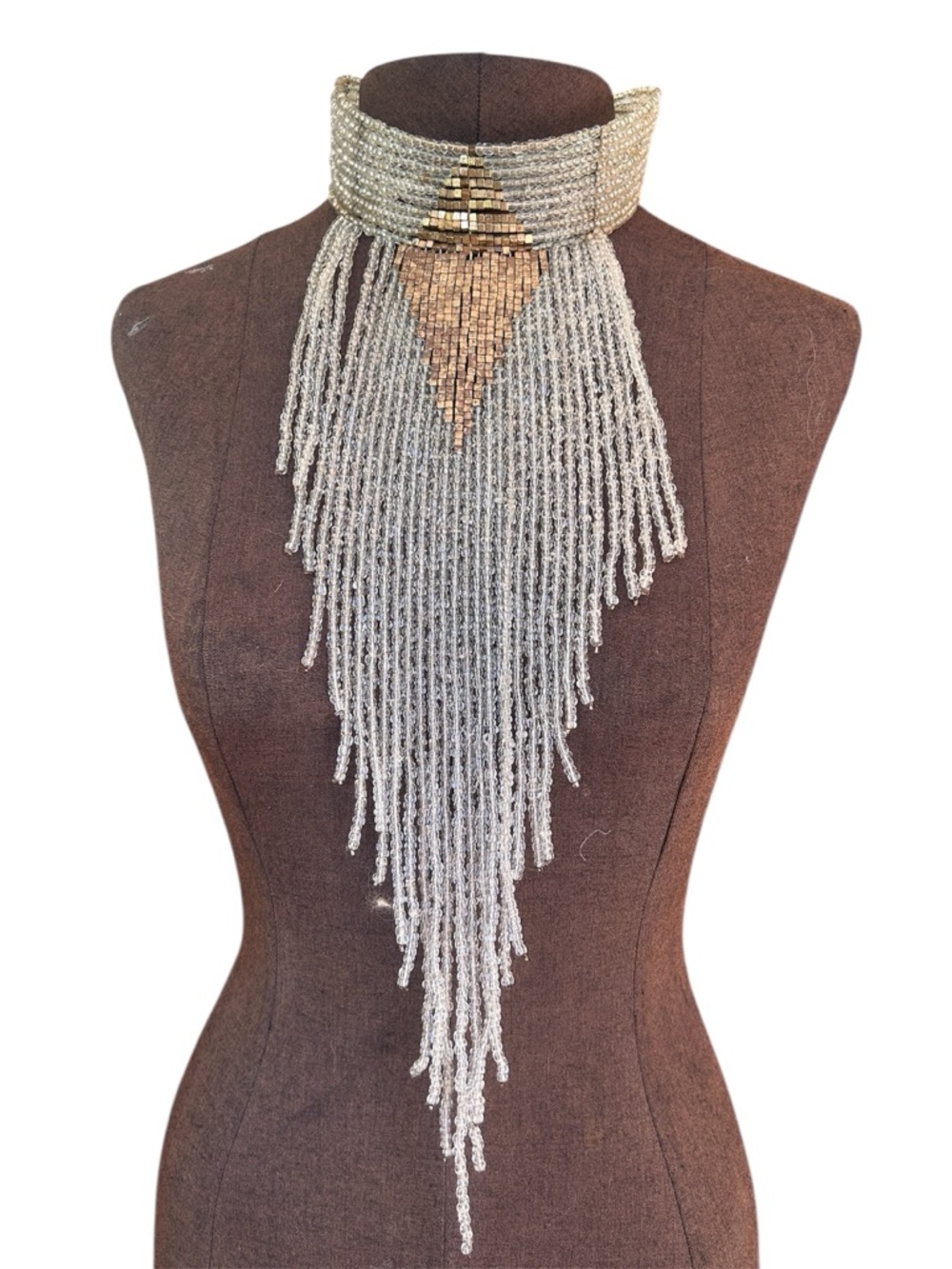 Beaded Fringe Choker Festival Necklace in Translucent and Brass Beads